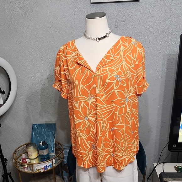 DR2 Orange Floral Blouse Sz. L Euc - Picture 1 of 12